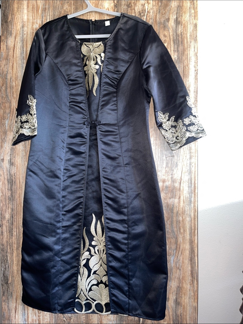 Elegant Black Satin Embroidered Robe Dress with Gold Accents